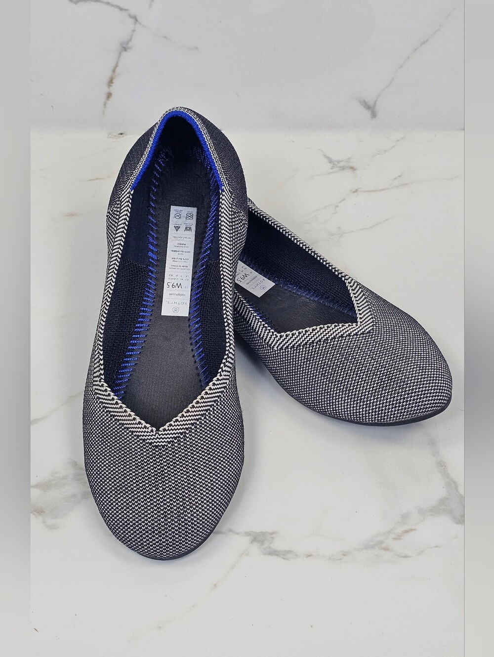 Rothy’s The Point Black & White Micro Stitch Knit Flats Size 9.5 NO INSOLES